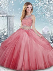 Cheap Watermelon Red Scoop Clasp Handle Beading Sweet 16 Quinceanera Dress Sleeveless