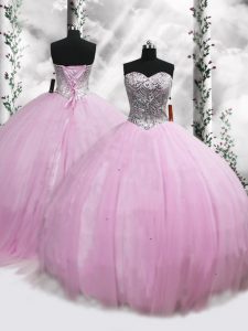 Sweetheart Sleeveless Tulle Quinceanera Dress Beading Brush Train Lace Up