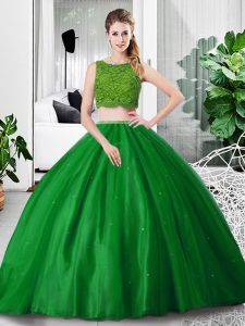 Comfortable Green Sleeveless Tulle Zipper Sweet 16 Dress for Military Ball and Sweet 16 and Quinceanera