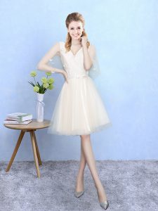 Decent Champagne Lace Up V-neck Lace Dama Dress Tulle Half Sleeves