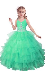 Turquoise Ball Gowns Organza V-neck Sleeveless Beading and Ruffled Layers Floor Length Zipper Kids Formal Wear