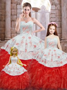 Sweetheart Sleeveless Sweet 16 Quinceanera Dress Floor Length Beading and Appliques and Ruffles White And Red Organza
