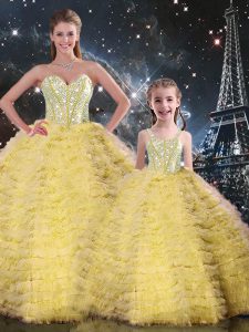 Yellow Lace Up 15th Birthday Dress Beading and Ruffles Sleeveless Floor Length