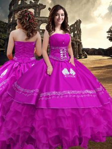 Attractive Floor Length Zipper Ball Gown Prom Dress Fuchsia for Military Ball and Sweet 16 and Quinceanera with Embroidery and Ruffled Layers