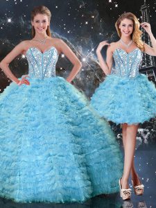 Modern Tulle Sweetheart Sleeveless Lace Up Beading and Ruffled Layers Quinceanera Dresses in Aqua Blue