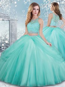 Deluxe Scoop Sleeveless Tulle Ball Gown Prom Dress Beading and Lace Clasp Handle