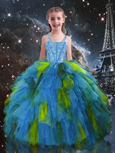 Cute Straps Sleeveless Kids Formal Wear Floor Length Beading and Ruffles Baby Blue Tulle