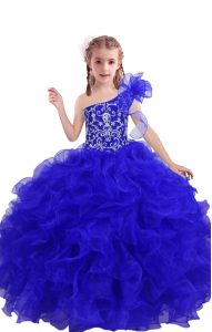 Latest Royal Blue Organza Lace Up One Shoulder Sleeveless Floor Length Child Pageant Dress Beading and Ruffles