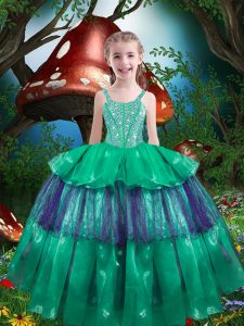 Green Sleeveless Beading and Ruffled Layers Floor Length Pageant Gowns For Girls