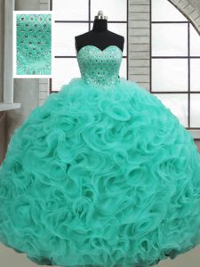 Turquoise Ball Gowns Sweetheart Sleeveless Fabric With Rolling Flowers Brush Train Lace Up Beading Sweet 16 Dress