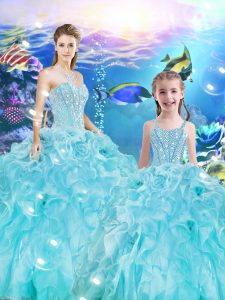 Floor Length Ball Gowns Sleeveless Aqua Blue 15 Quinceanera Dress Lace Up
