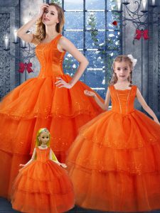 Orange Red Quinceanera Gown Military Ball and Sweet 16 and Quinceanera with Ruffled Layers Straps Sleeveless Lace Up