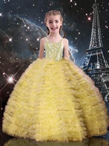 Champagne Sleeveless Tulle Lace Up Little Girls Pageant Gowns for Quinceanera and Wedding Party