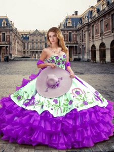 Hot Selling Eggplant Purple Ball Gowns Embroidery and Ruffled Layers Quinceanera Dress Lace Up Organza Sleeveless Floor Length