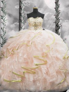 Top Selling Peach Lace Up Quinceanera Dresses Beading and Ruffles Sleeveless Brush Train