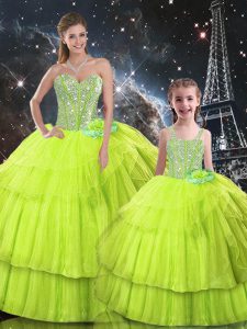 Most Popular Yellow Green Organza Lace Up Quinceanera Gown Sleeveless Floor Length Ruffled Layers