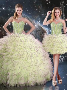 Yellow Green Sleeveless Organza Lace Up Quinceanera Gown for Military Ball and Sweet 16 and Quinceanera