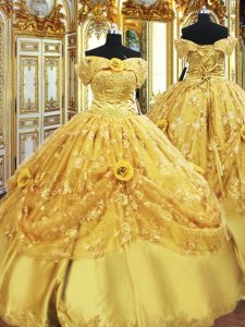 Gold Ball Gowns Beading and Appliques and Hand Made Flower Quinceanera Dresses Lace Up Tulle Sleeveless Floor Length
