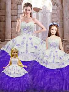 Amazing White And Purple Sweetheart Neckline Beading and Appliques and Ruffles Quince Ball Gowns Sleeveless Lace Up