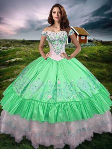 Green Off The Shoulder Lace Up Beading and Embroidery and Ruffled Layers Quinceanera Dresses Sleeveless