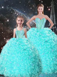 Turquoise Sweetheart Lace Up Beading and Ruffles Quince Ball Gowns Sleeveless