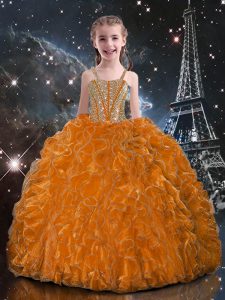Floor Length Lace Up Little Girl Pageant Dress Orange Red for Quinceanera and Wedding Party with Beading and Ruffles