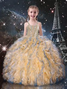 Perfect Champagne Sleeveless Beading and Ruffles Floor Length Kids Formal Wear