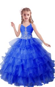 Attractive Sleeveless Floor Length Beading and Ruffled Layers Zipper Pageant Gowns For Girls with Blue