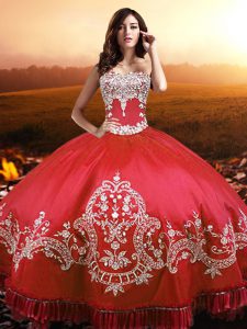 Fancy Ball Gowns Quinceanera Dress Coral Red Strapless Taffeta Sleeveless Floor Length Lace Up