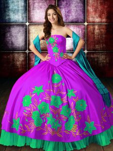 Sleeveless Satin Floor Length Lace Up Sweet 16 Dress in Multi-color with Embroidery