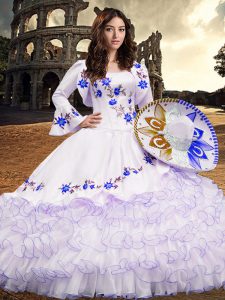 Royal Blue Lace Up Quinceanera Dress Embroidery and Ruffled Layers Long Sleeves Floor Length