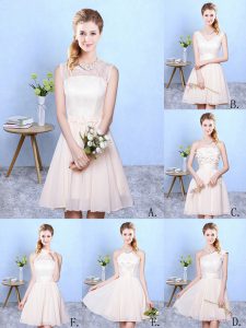 Chiffon One Shoulder Sleeveless Lace Up Lace Vestidos de Damas in Champagne