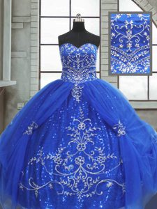 Flare Sleeveless Floor Length Beading and Appliques Lace Up Quince Ball Gowns with Blue