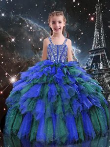 Modern Tulle Sleeveless Floor Length Kids Pageant Dress and Beading and Ruffles