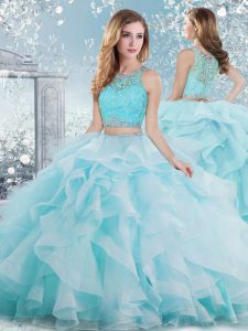 Beautiful Aqua Blue Ball Gowns Beading and Ruffles Quinceanera Gown Clasp Handle Organza Sleeveless Floor Length