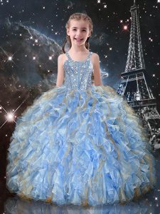 Adorable Light Blue Ball Gowns Organza Straps Sleeveless Beading and Ruffles Floor Length Lace Up Little Girls Pageant Dress