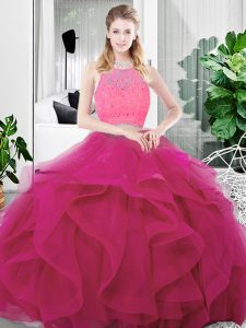 Graceful Floor Length Zipper Quinceanera Dresses Fuchsia for Military Ball and Sweet 16 and Quinceanera with Lace and Ruffles