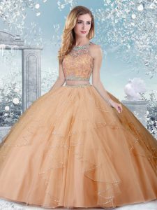 Ideal Champagne Ball Gowns Scoop Sleeveless Tulle Floor Length Clasp Handle Beading Quinceanera Gowns
