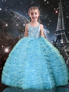 Luxurious Aqua Blue Lace Up Little Girls Pageant Dress Beading and Ruffled Layers Sleeveless Floor Length