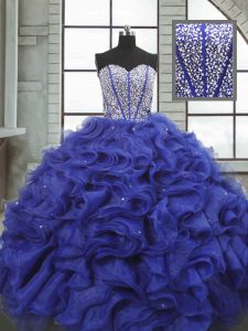 Low Price Blue Sleeveless Beading and Ruffles Floor Length Ball Gown Prom Dress