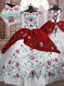 White And Red Ball Gowns Embroidery and Ruffled Layers Sweet 16 Dresses Lace Up Taffeta Sleeveless Floor Length