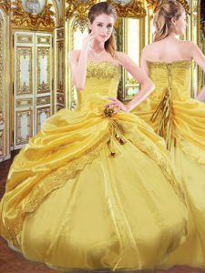 Custom Design Strapless Sleeveless Lace Up Quinceanera Dresses Gold Taffeta