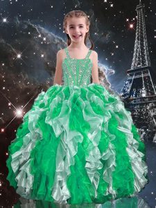 Low Price Floor Length Green Child Pageant Dress Organza Sleeveless Beading and Ruffles