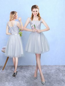 Dazzling Silver Lace Up Court Dresses for Sweet 16 Lace Sleeveless Knee Length