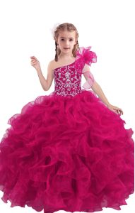 Gorgeous Fuchsia Girls Pageant Dresses Quinceanera and Wedding Party with Beading and Ruffles One Shoulder Sleeveless Lace Up