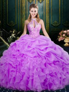Ball Gowns Sweet 16 Dress Lilac Halter Top Organza Sleeveless Floor Length Lace Up