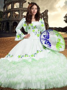 White Ball Gowns Embroidery and Ruffled Layers Sweet 16 Dress Lace Up Organza Long Sleeves Floor Length