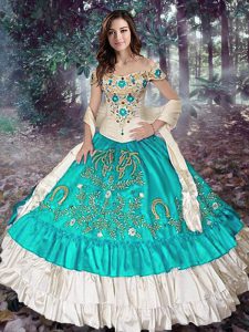 Fabulous Ball Gowns Quinceanera Gowns Blue And White Off The Shoulder Elastic Woven Satin Sleeveless Floor Length Lace Up