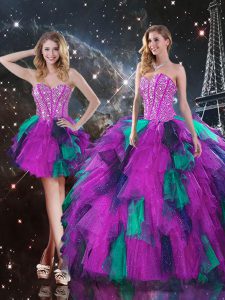 Fabulous Sweetheart Sleeveless Tulle Quinceanera Gowns Beading and Ruffles Lace Up