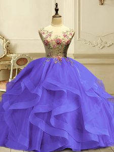On Sale Sleeveless Lace Up Floor Length Appliques and Ruffles Ball Gown Prom Dress